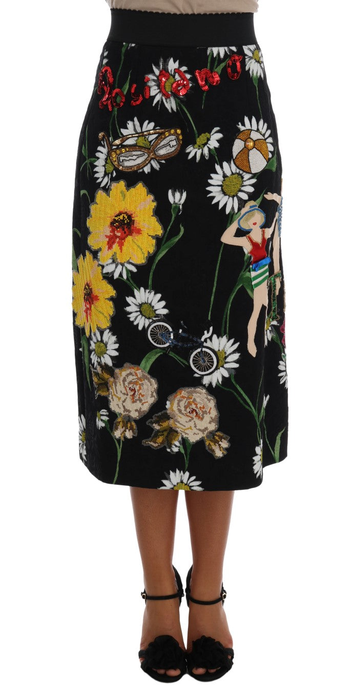 Dolce & Gabbana black embellished daisy brocade skirt showcasing intricate floral embroidery and luxurious fabric.