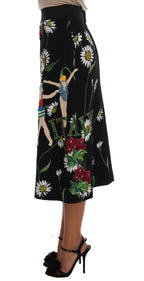 Black Dolce & Gabbana embroidered daisy brocade skirt with embellishments, showcasing intricate floral pattern and luxurious fabric.