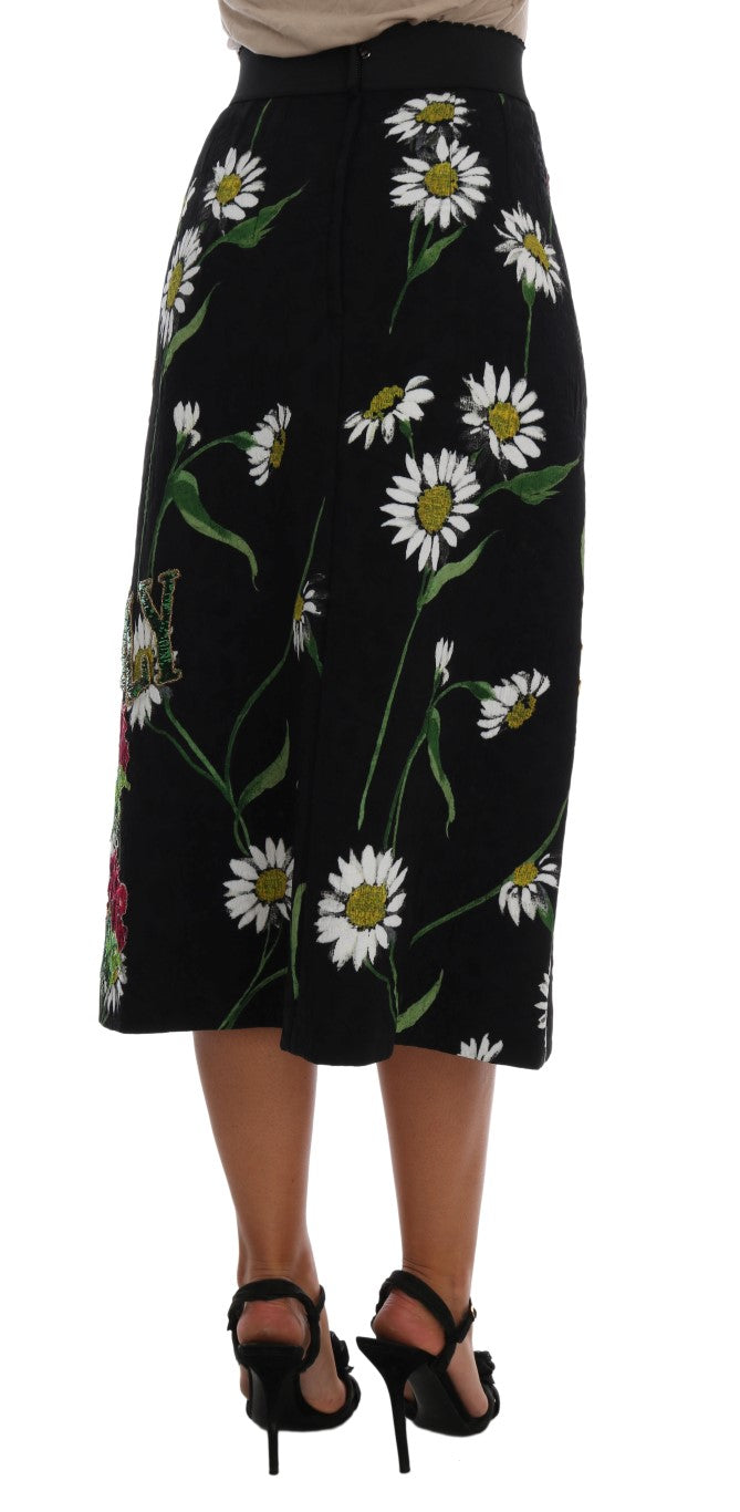 Dolce & Gabbana black brocade skirt with embellished daisy floral detail, elegant and stylish women's fashion piece.