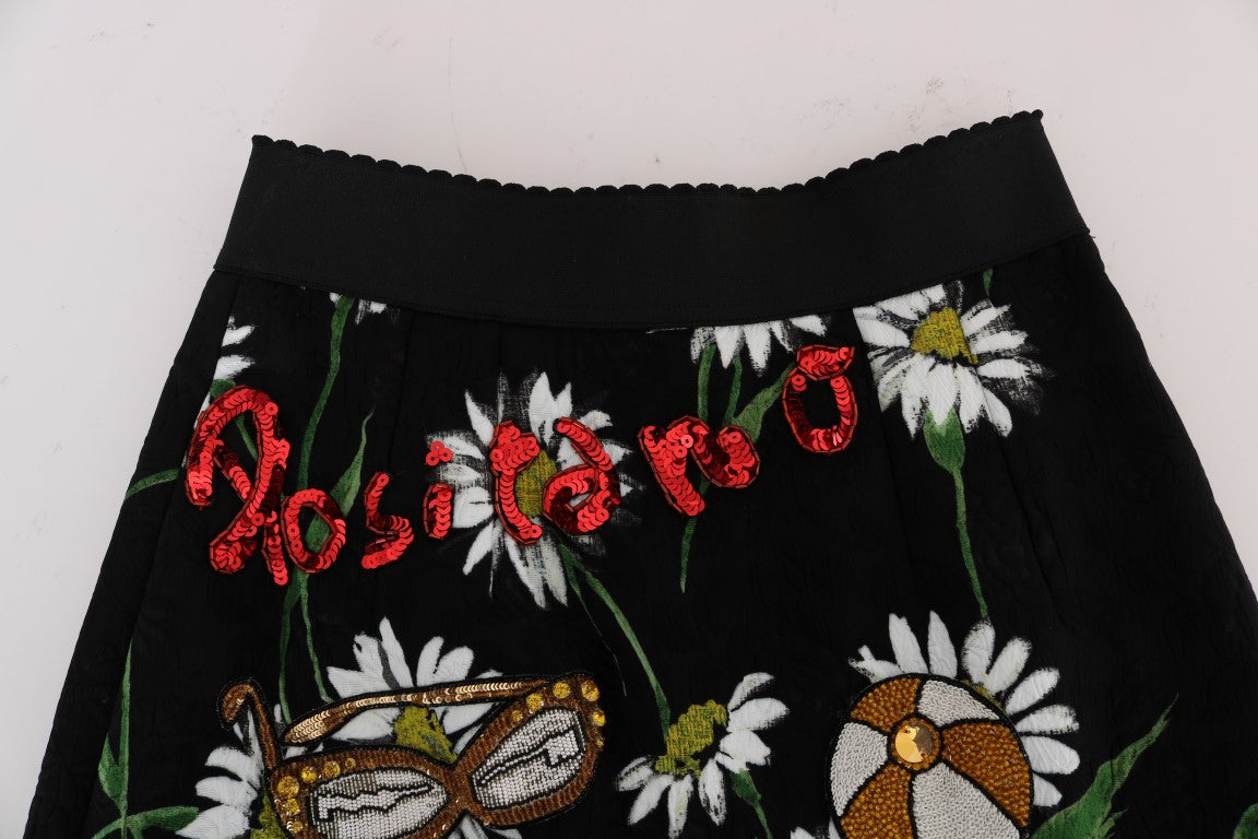 Dolce & Gabbana black embellished daisy brocade skirt with intricate floral detailing and luxurious fabric.