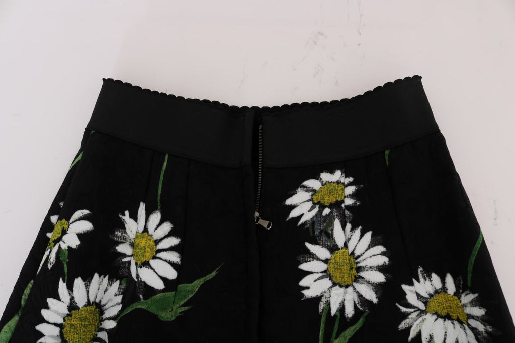 Dolce & Gabbana black brocade skirt with embellished daisy details, elegant high-waisted design, and intricate floral embroidery.