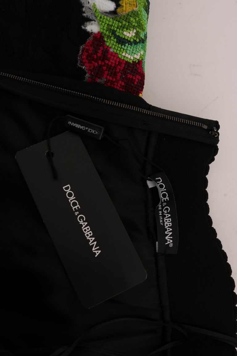 Dolce & Gabbana black embellished daisy brocade skirt with intricate floral embroidery and luxurious fabric.