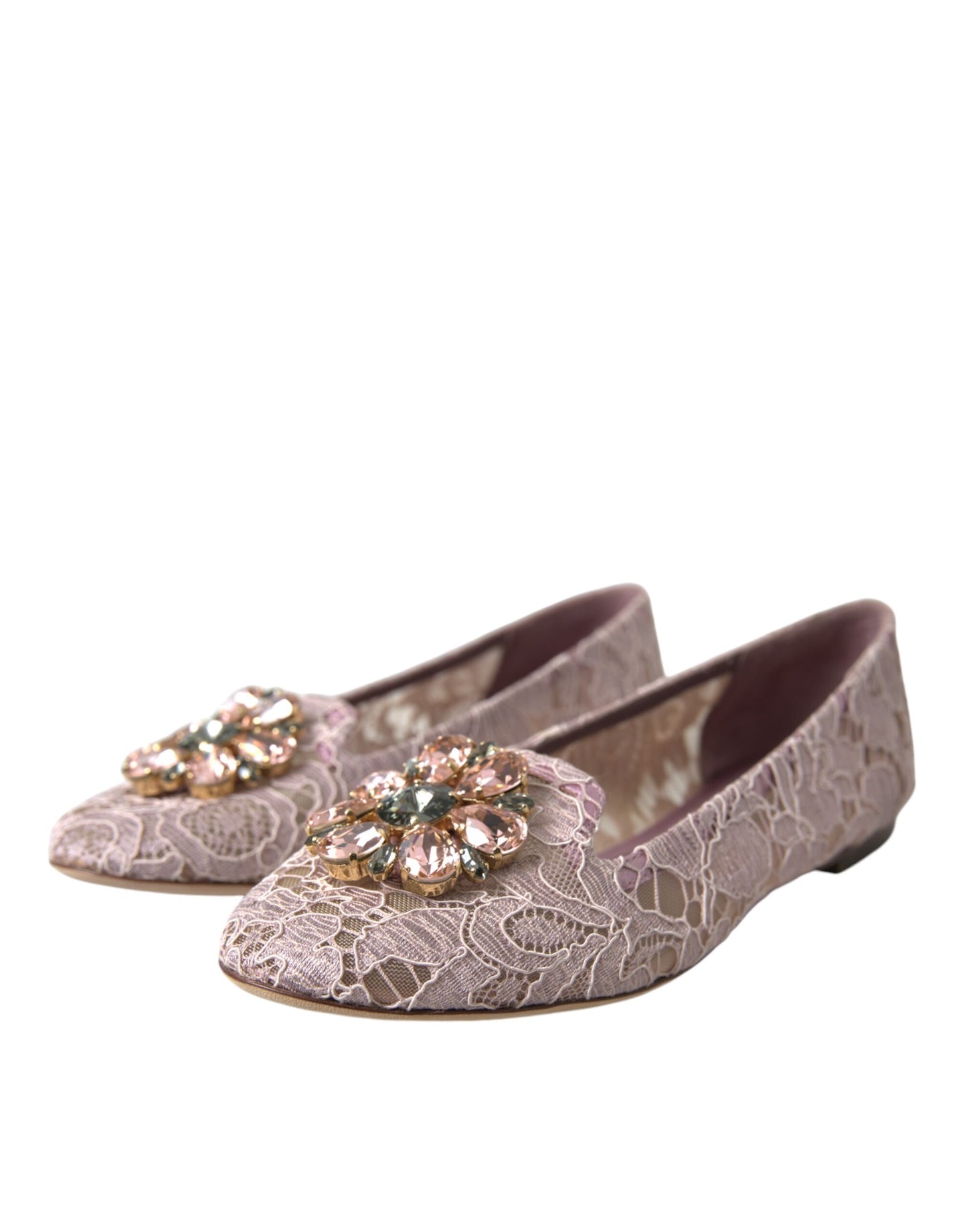 Dolce & Gabbana Pink Lace Crystal Ballet Flats Loafers Shoes Dolce & Gabbana