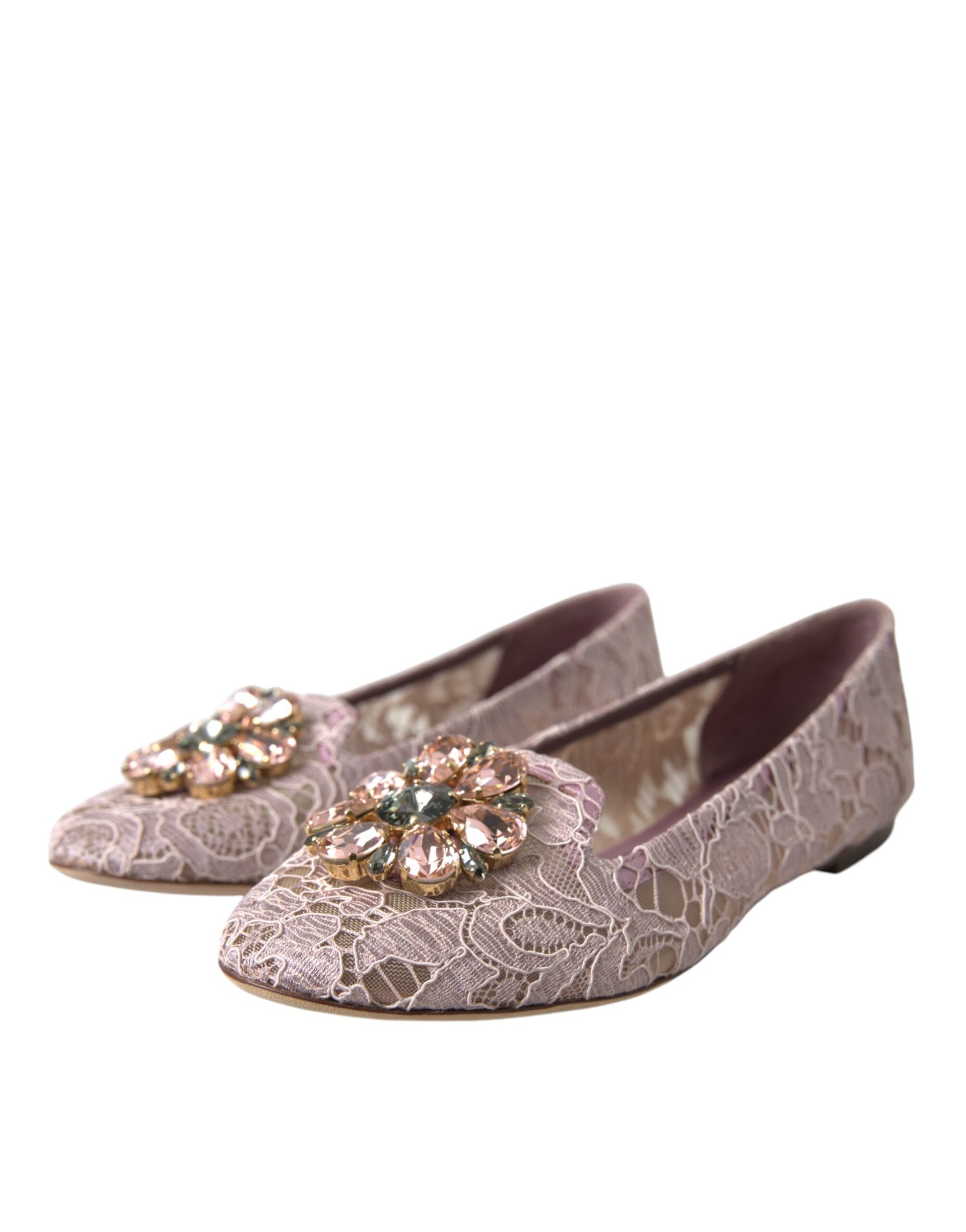 Dolce & Gabbana Pink Lace Crystal Ballet Flats Loafers Shoes Dolce & Gabbana