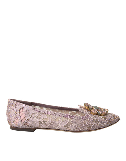 Dolce & Gabbana Pink Lace Crystal Ballet Flats Loafers Shoes Dolce & Gabbana