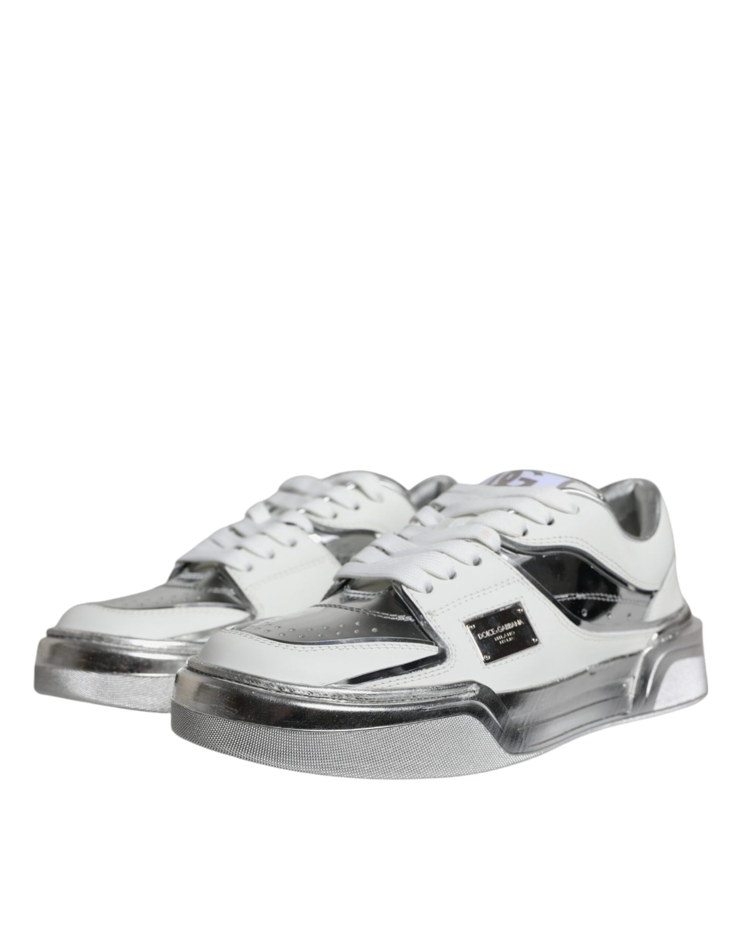 Dolce & Gabbana White Silver Leather Low Top Sneakers Shoes Dolce & Gabbana