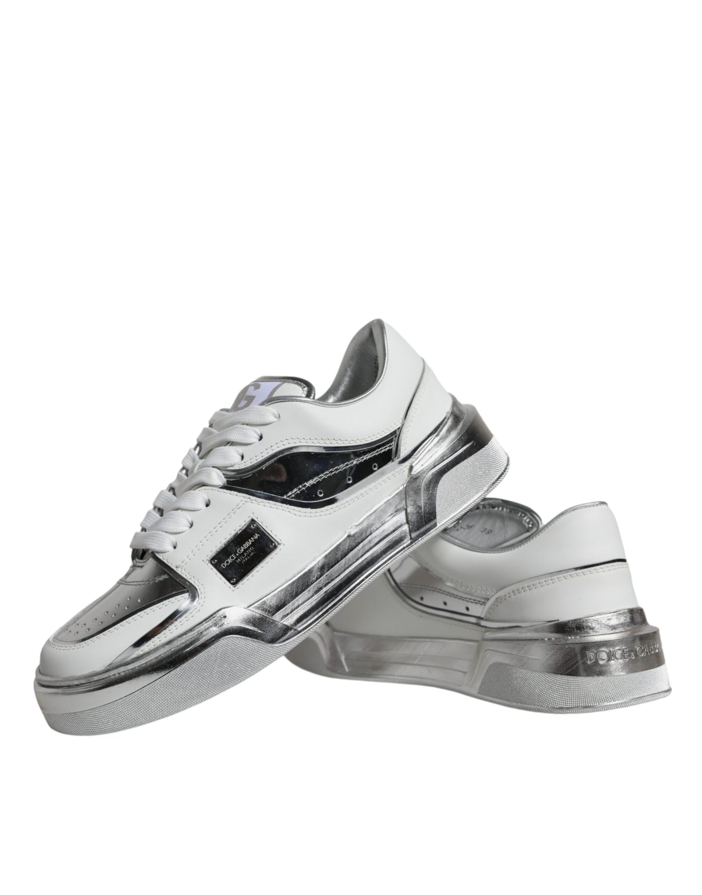 Dolce & Gabbana White Silver Leather Low Top Sneakers Shoes Dolce & Gabbana