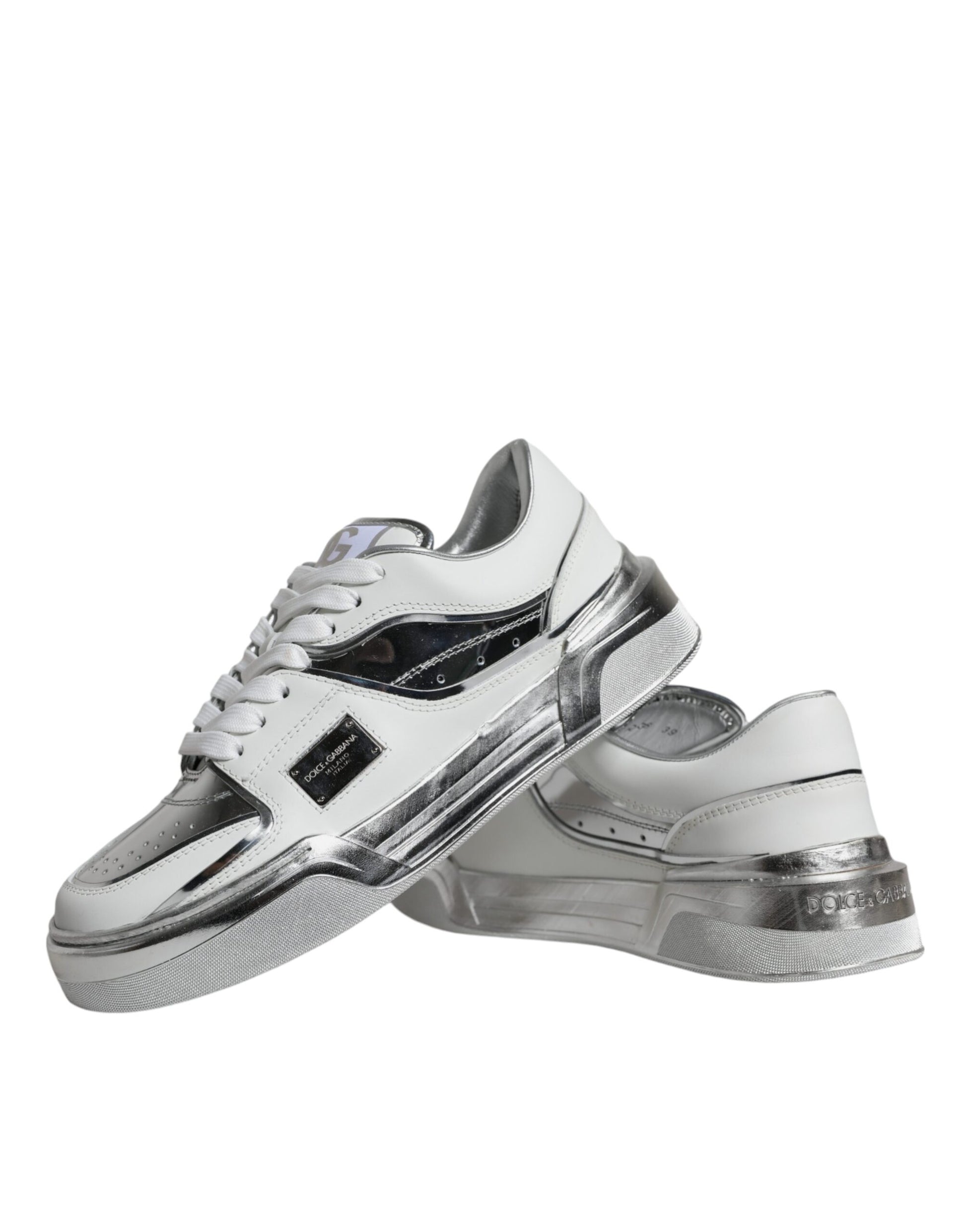 Dolce & Gabbana White Silver Leather Low Top Sneakers Shoes Dolce & Gabbana