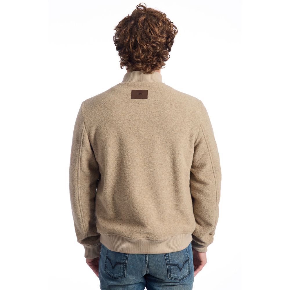 Roberto Pepe Luxury beige wool men's jacket displayed on a hanger, showing its tailored fit and textured fabric.