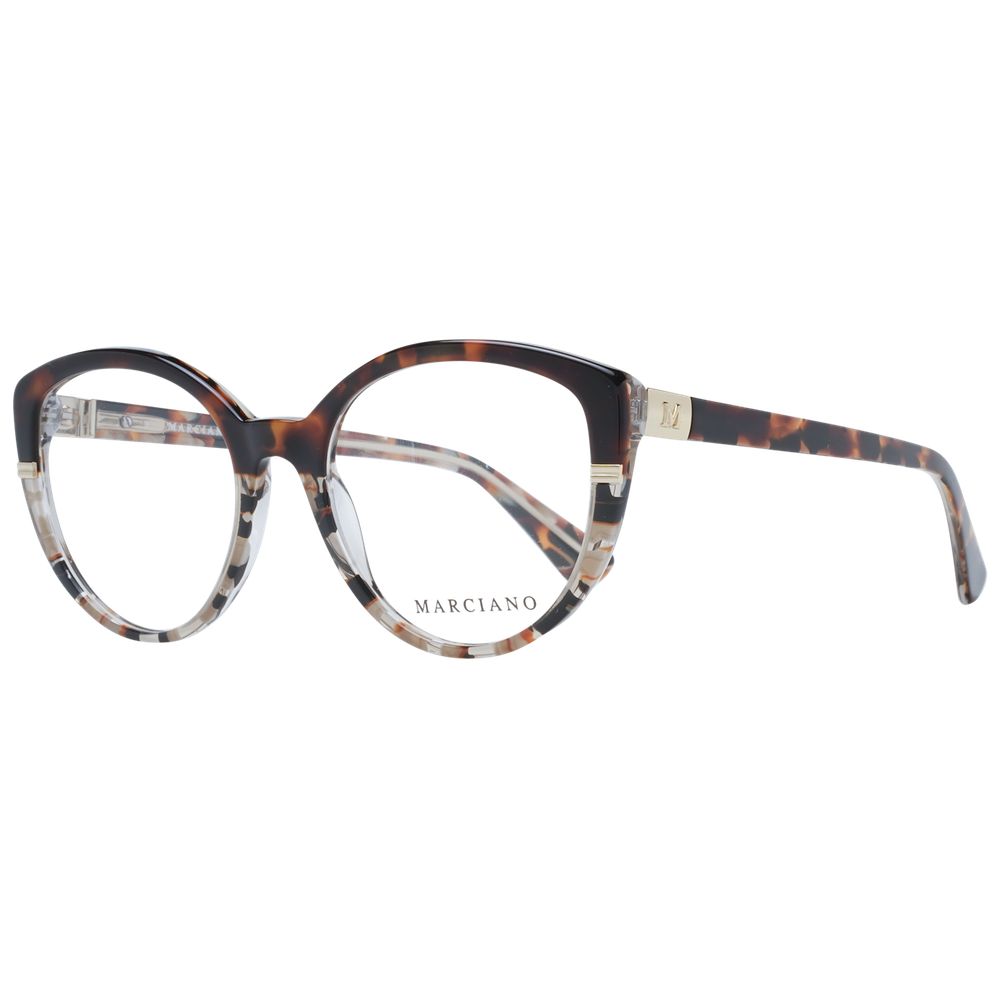 Brown plastic Marciano by Guess glasses frames with rounded design and clear lenses, stylish eyewear for everyday wear.
