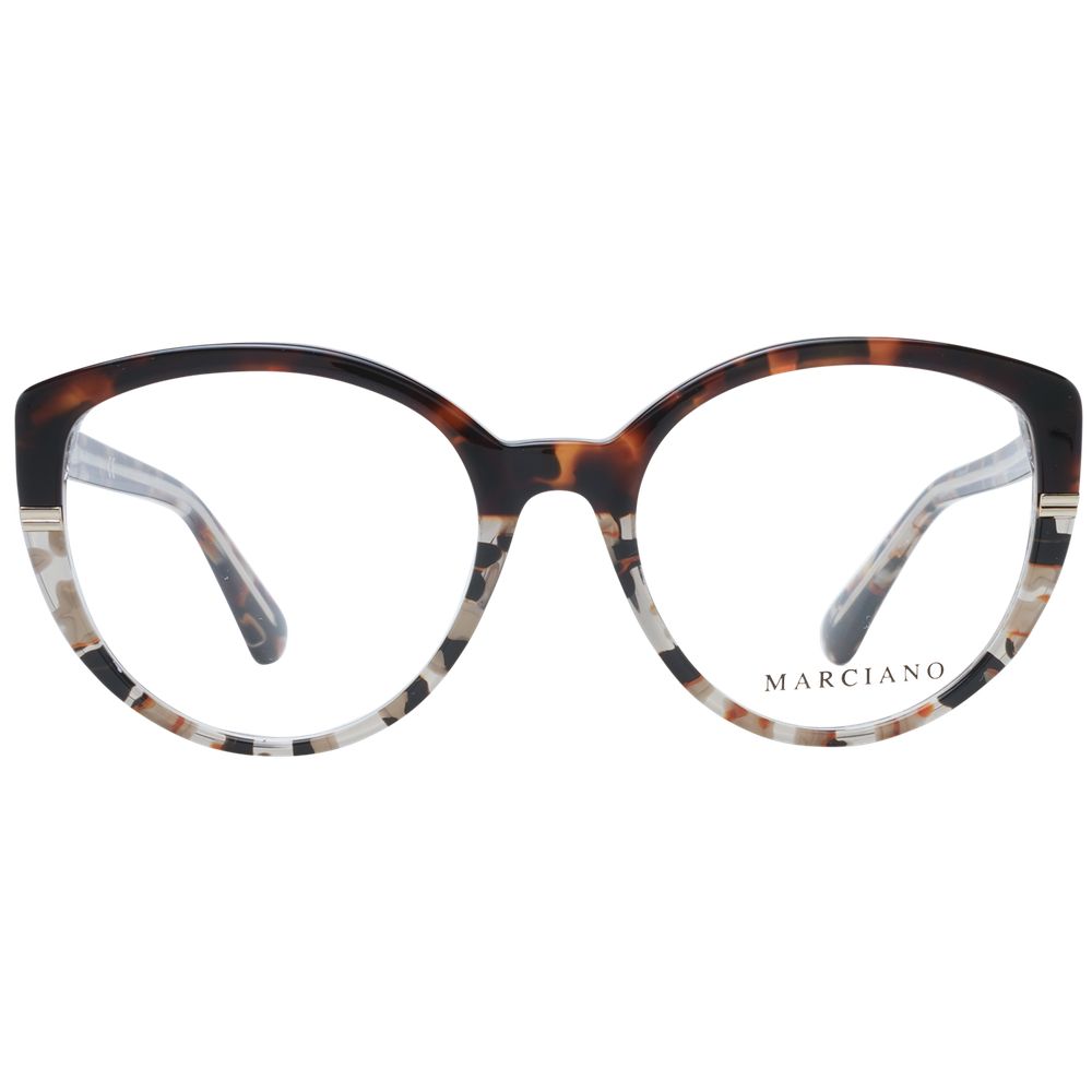 Brown plastic glasses frames from Marciano by Guess, stylish eyewear with a modern design and sleek shape.