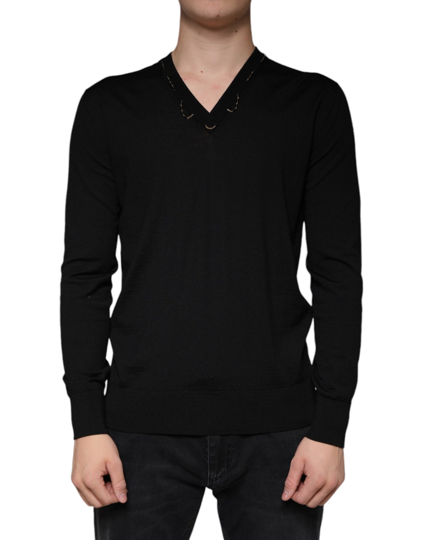 Dolce & Gabbana Black Embellished V-neck Pullover Sweater Dolce & Gabbana