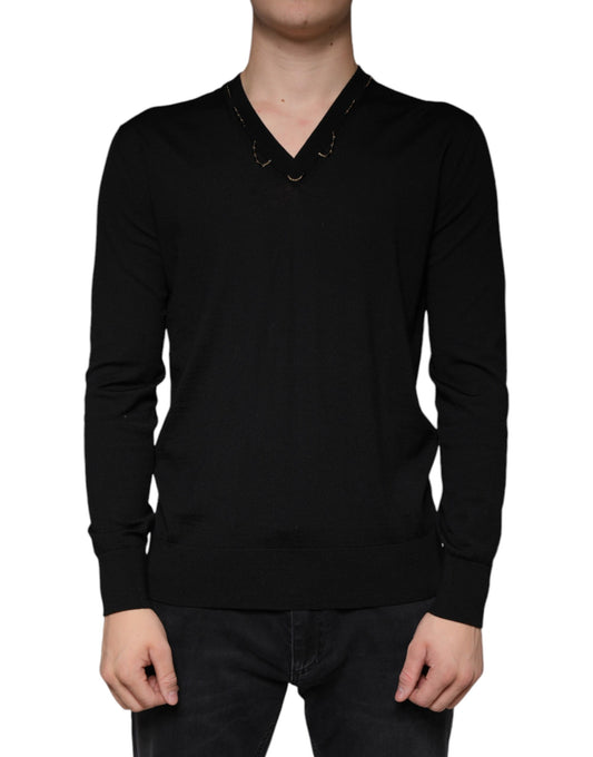 Dolce & Gabbana Black Embellished V-neck Pullover Sweater Dolce & Gabbana