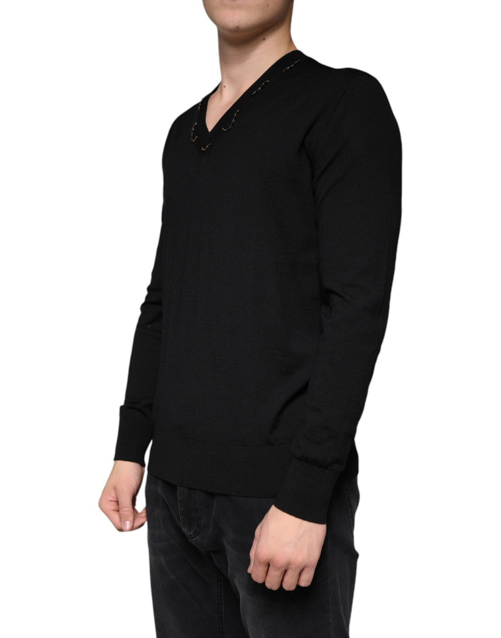 Dolce & Gabbana Black Embellished V-neck Pullover Sweater - Eljoys Fashion 