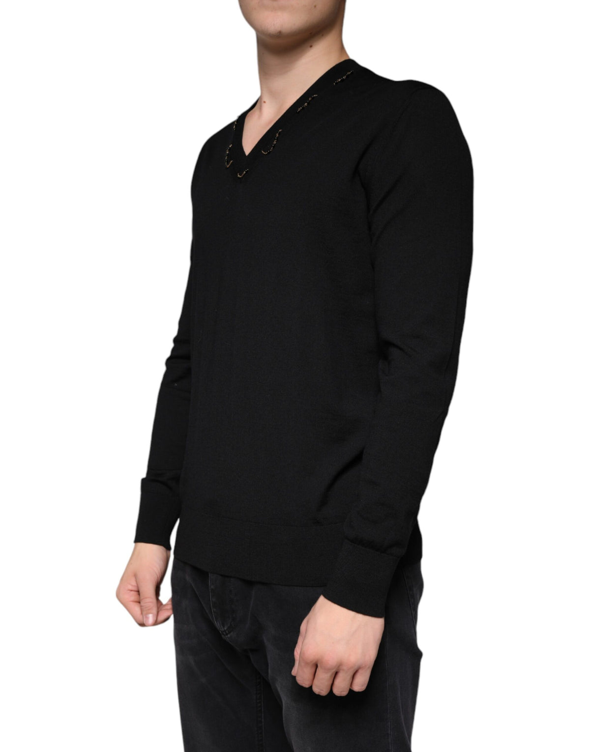 Dolce & Gabbana Black Embellished V-neck Pullover Sweater - Eljoys Fashion 
