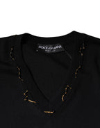Dolce & Gabbana Black Embellished V-neck Pullover Sweater - Eljoys Fashion 
