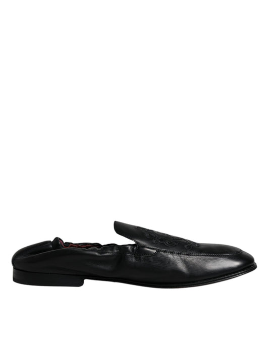 Dolce & Gabbana Black Logo Embroidered Leather Loafer Men Dress Shoes Dolce & Gabbana