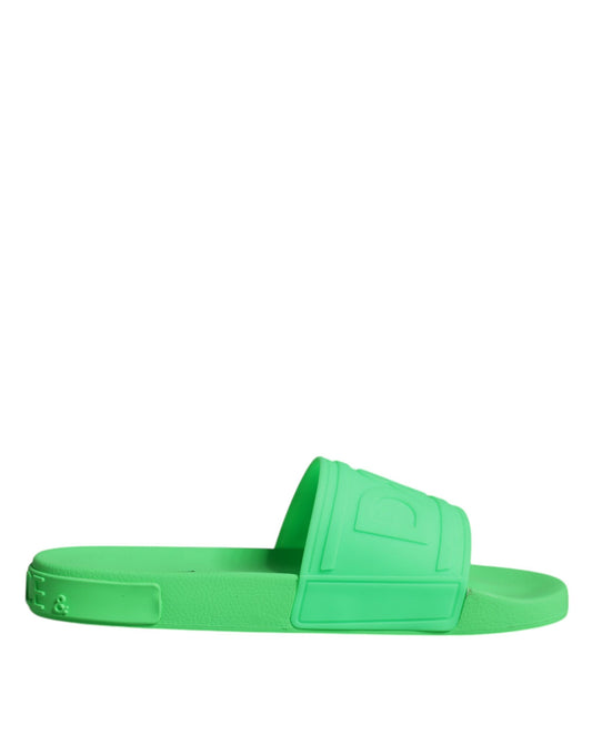 Dolce & Gabbana Green Leather Slides Sandals Beachwear Shoes Dolce & Gabbana