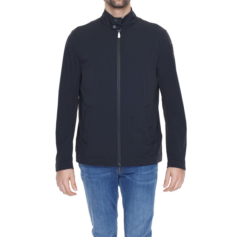 Suns Black Nylon Shell Jacket hanging on a hanger, showcasing its sleek design and smooth fabric for outdoor wear.