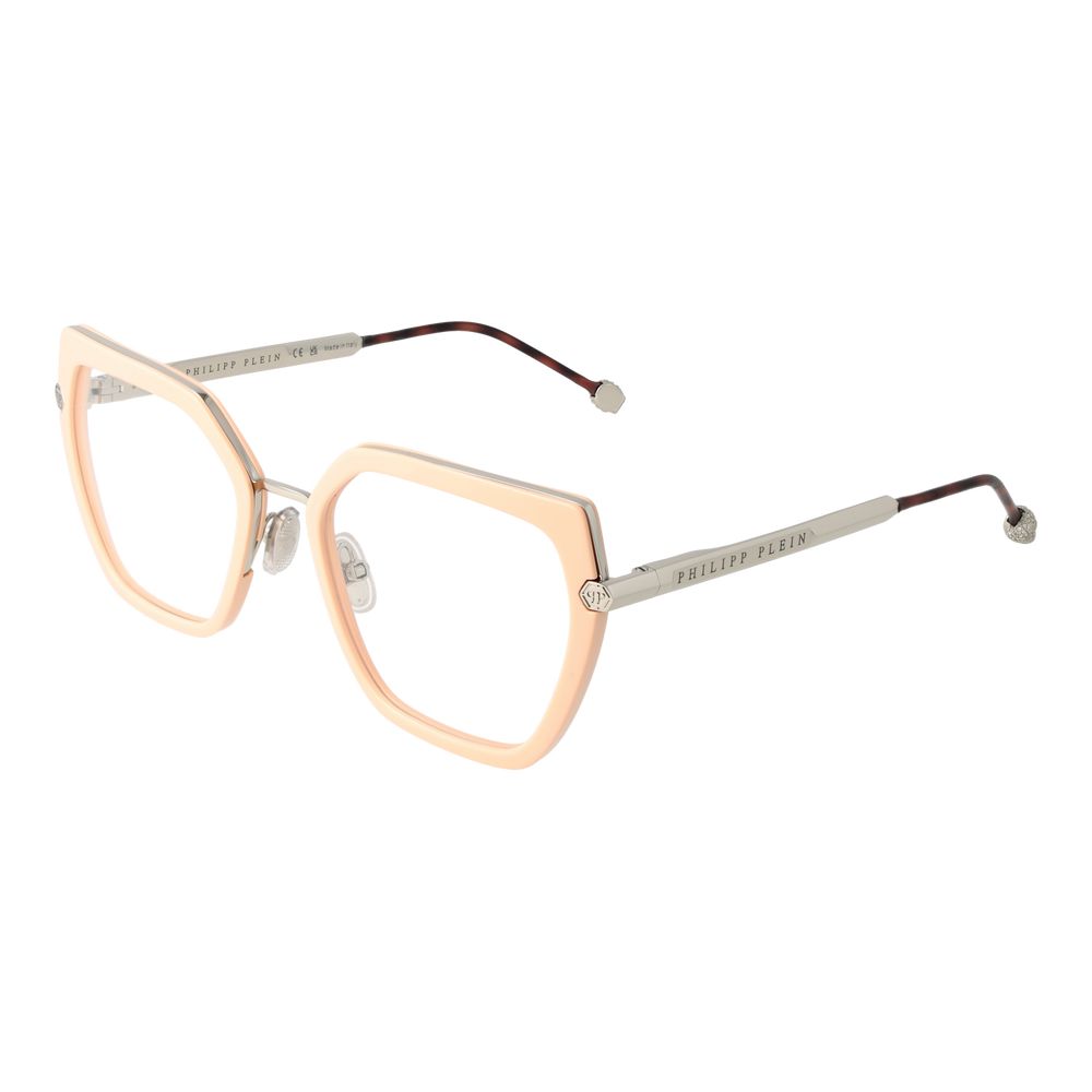 Pink Philipp Plein metal and plastic eyeglasses frames with clear lenses, stylish and modern for everyday wear.