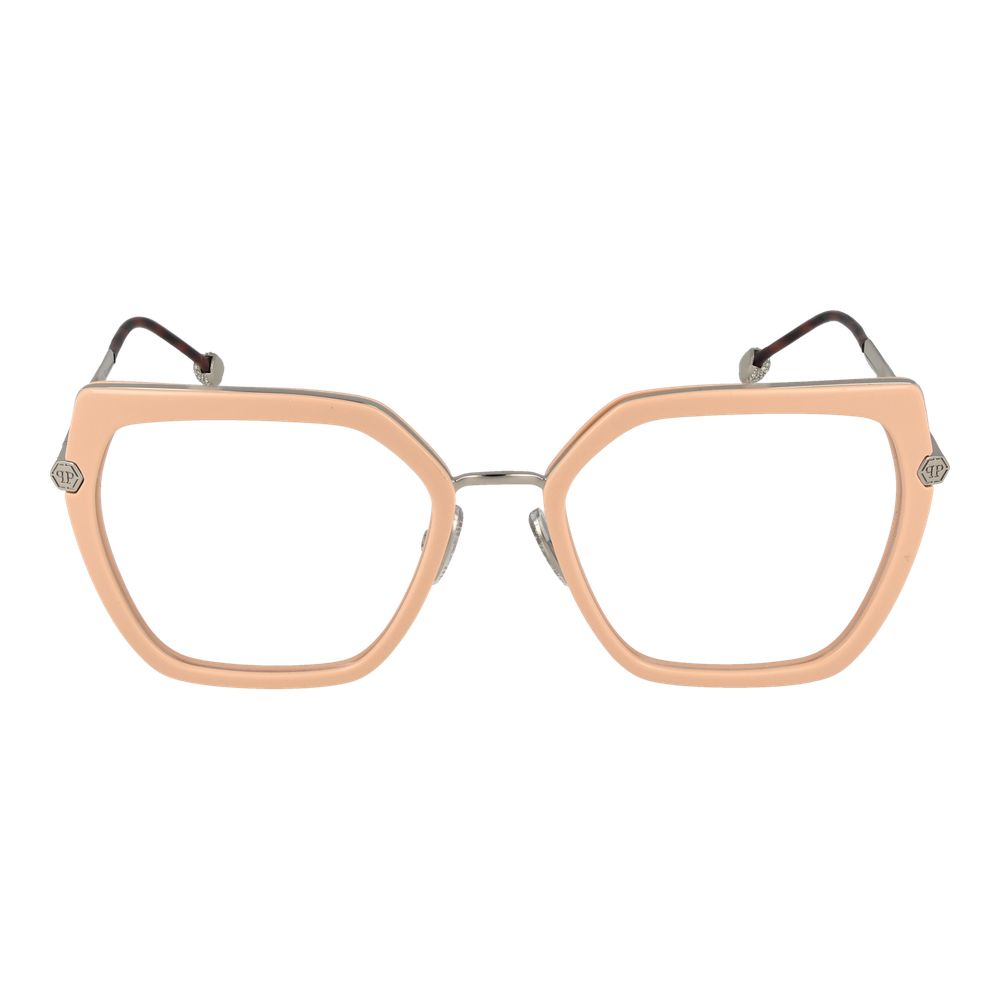 Philipp Plein pink metal and plastic eyeglass frames with clear lenses, stylish and modern eyewear design.