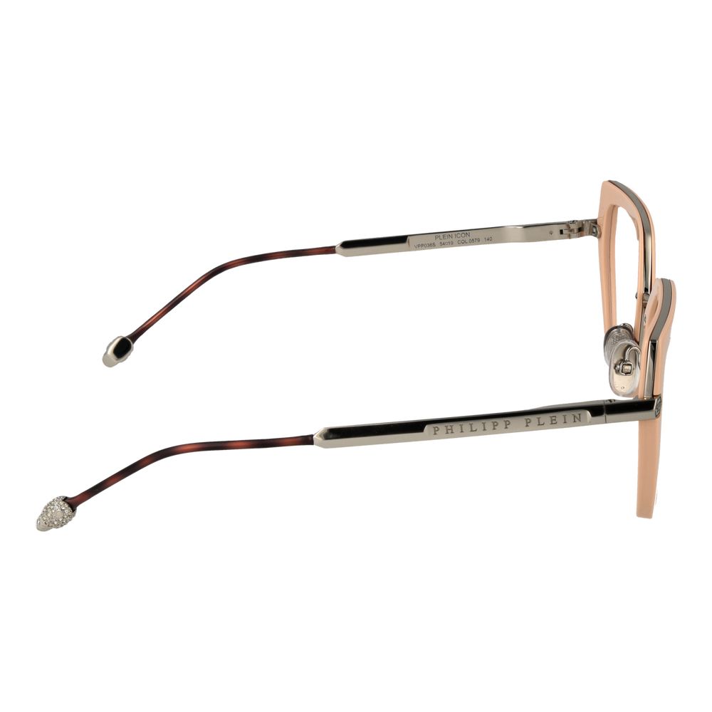 Pink metal and plastic Philipp Plein glasses frames with clear lenses and sleek modern design.