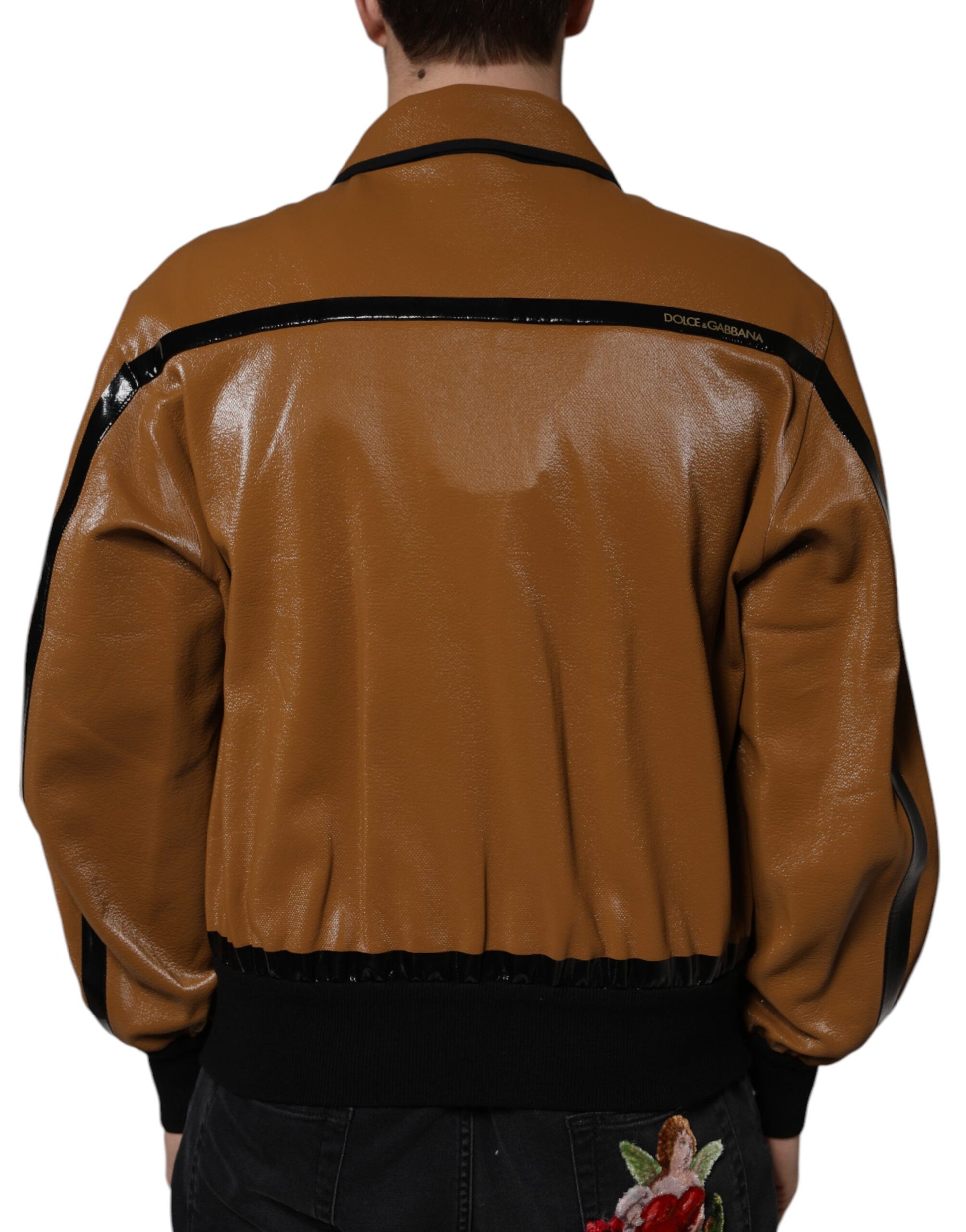 Dolce & Gabbana Brown Leather Full Zip Men Bomber Jacket Dolce & Gabbana