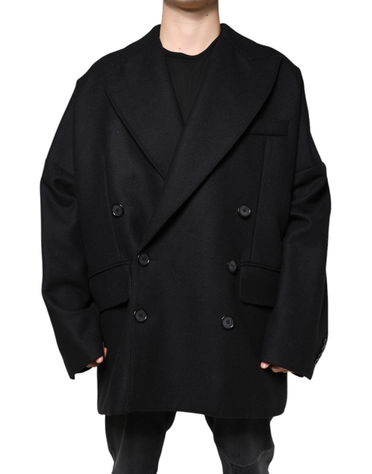 Dolce & Gabbana Black Wool Double Breasted Men Coat Jacket - Eljoys Fashion 