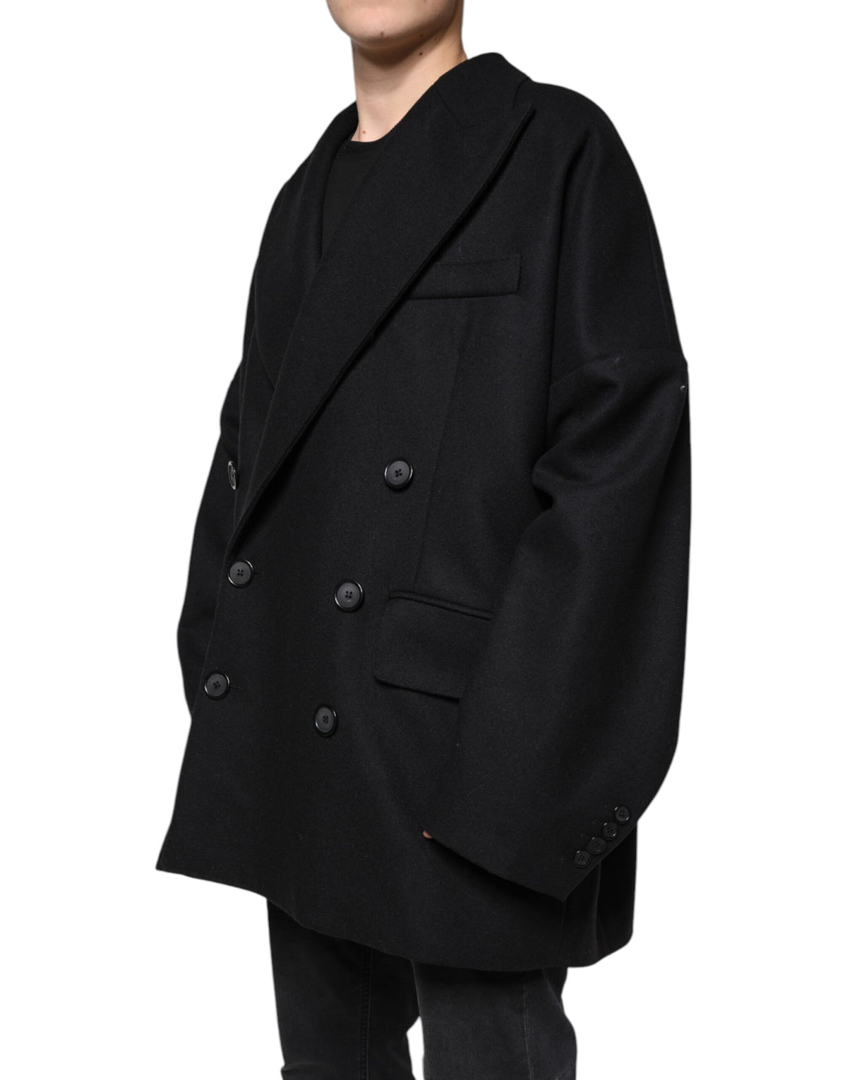 Dolce & Gabbana Black Wool Double Breasted Men Coat Jacket - Eljoys Fashion 