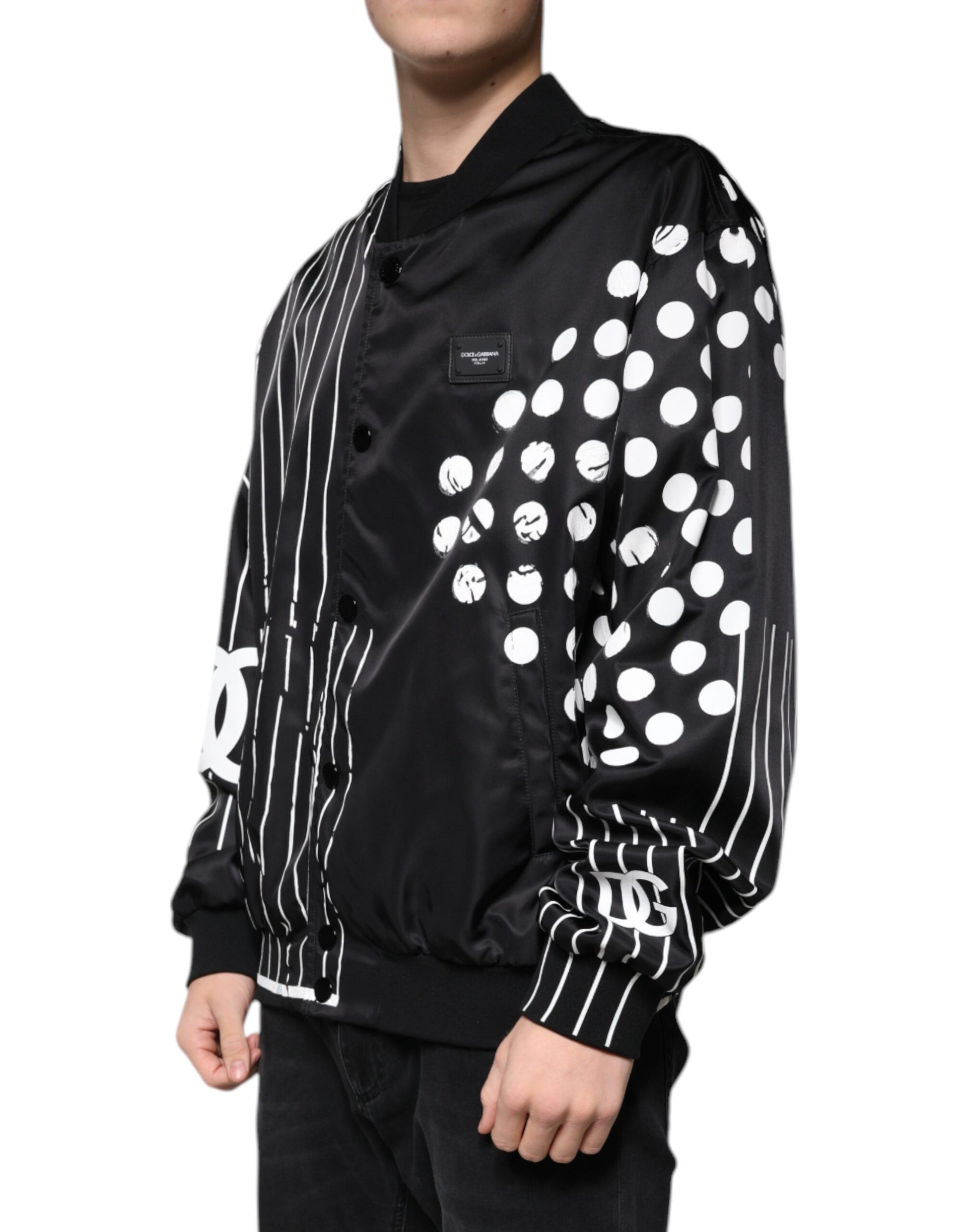 Dolce & Gabbana Black Polka Dot Stripe Nylon Bomber Jacket Dolce & Gabbana