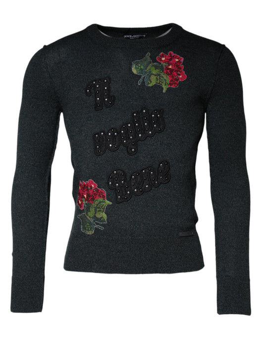 Dolce & Gabbana Gray Embellished Crew Neck Pullover Sweater Dolce & Gabbana