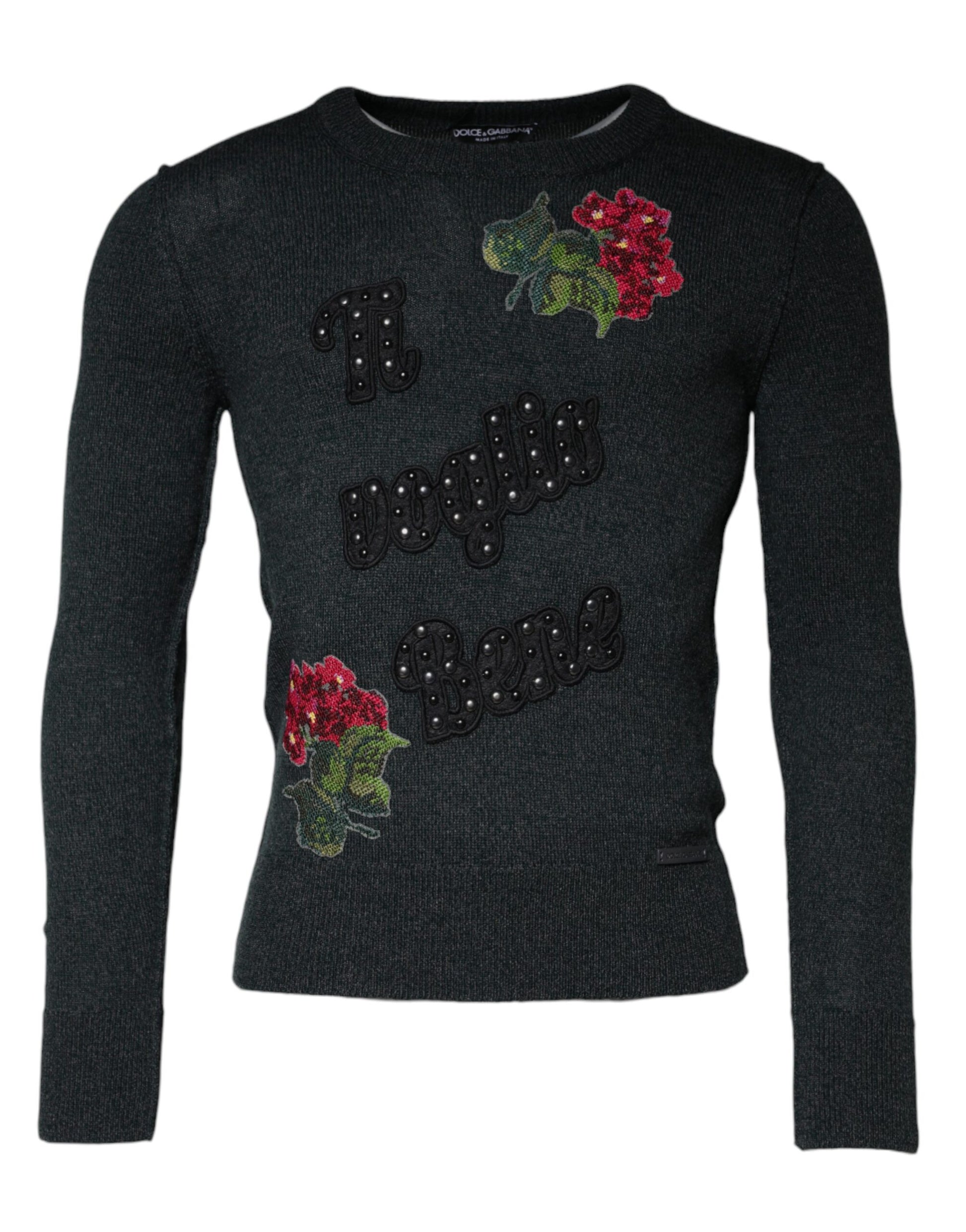 Dolce & Gabbana Gray Embellished Crew Neck Pullover Sweater Dolce & Gabbana