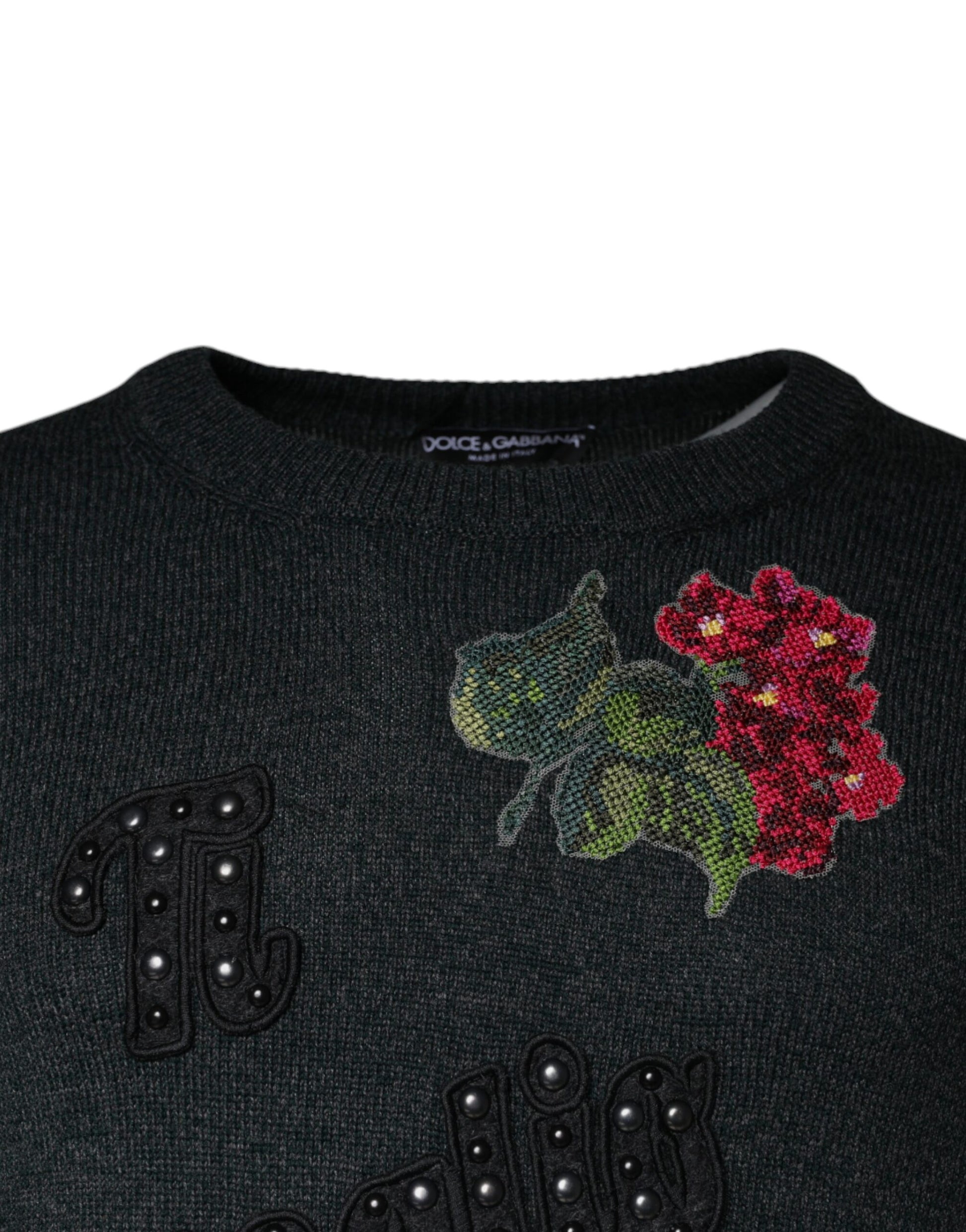 Dolce & Gabbana Gray Embellished Crew Neck Pullover Sweater Dolce & Gabbana