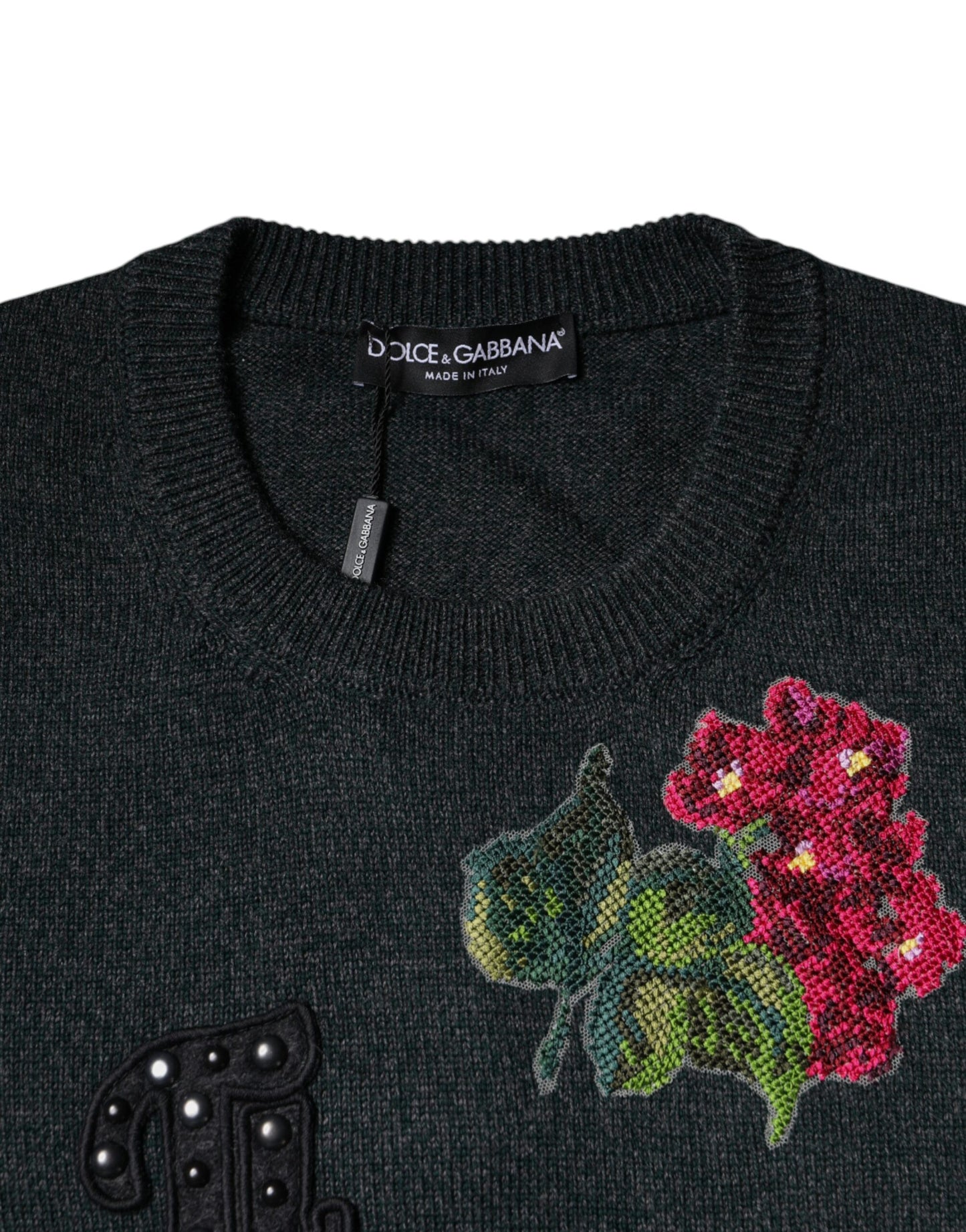 Dolce & Gabbana Gray Embellished Crew Neck Pullover Sweater Dolce & Gabbana