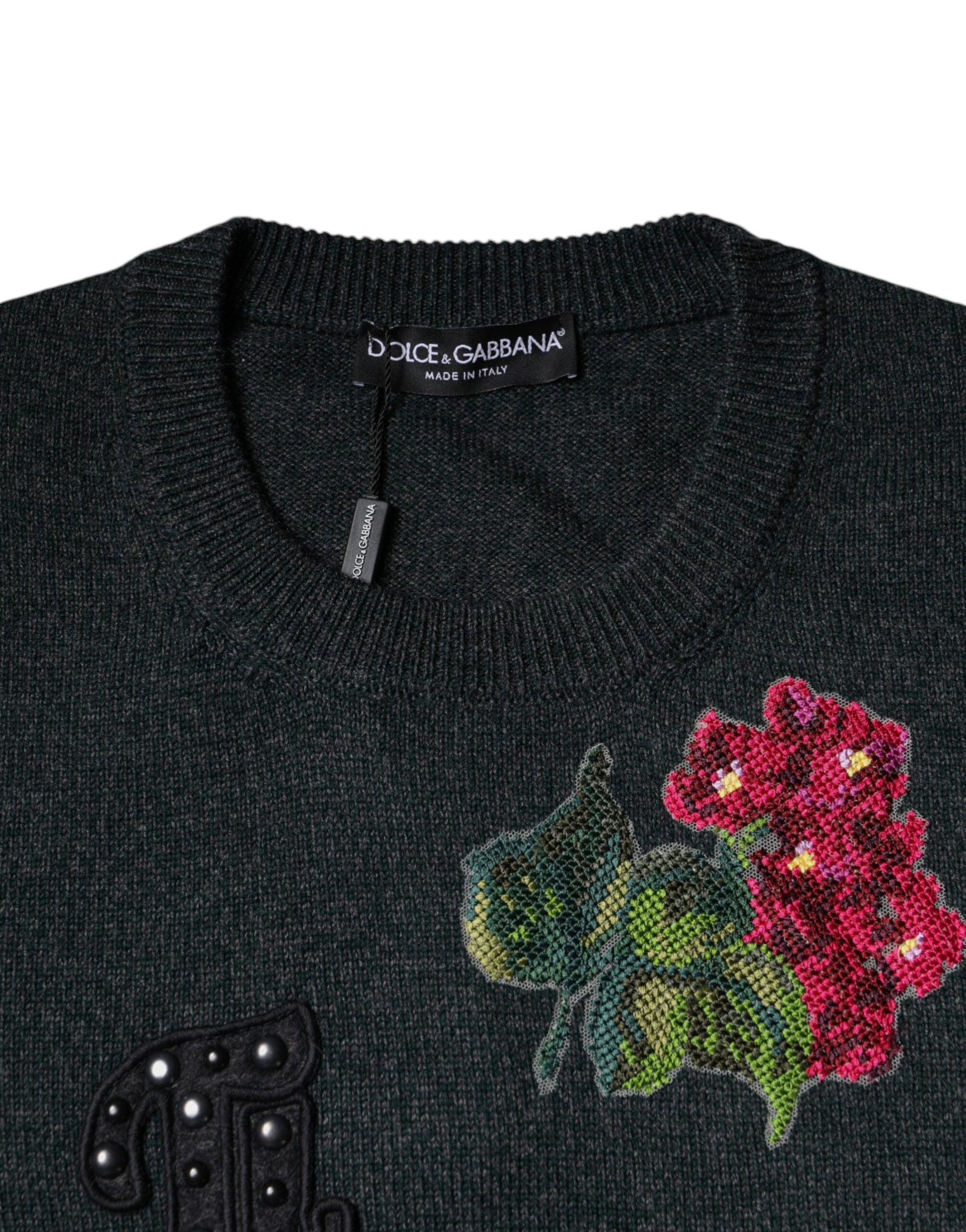 Dolce & Gabbana Gray Embellished Crew Neck Pullover Sweater Dolce & Gabbana
