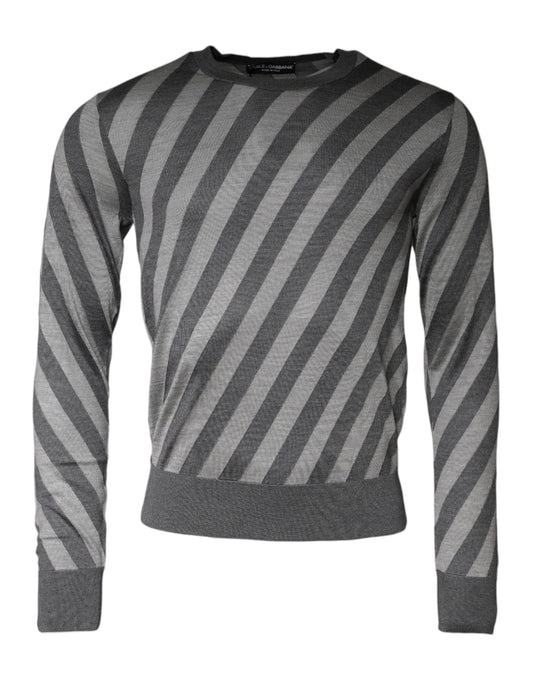 Dolce & Gabbana Gray Stripes Long Sleeve Round Neck Pullover Sweater Dolce & Gabbana