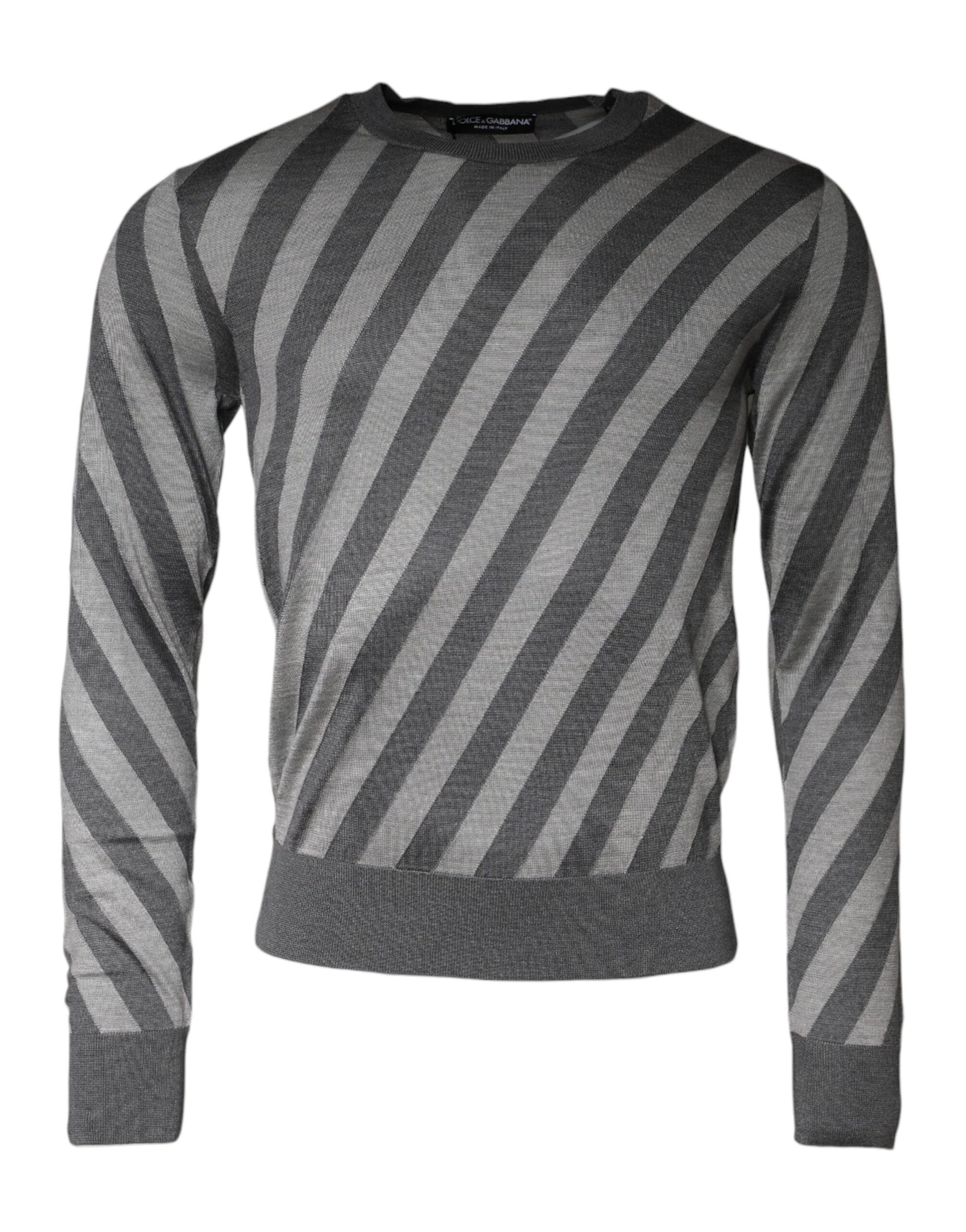 Dolce & Gabbana Gray Stripes Long Sleeve Round Neck Pullover Sweater Dolce & Gabbana