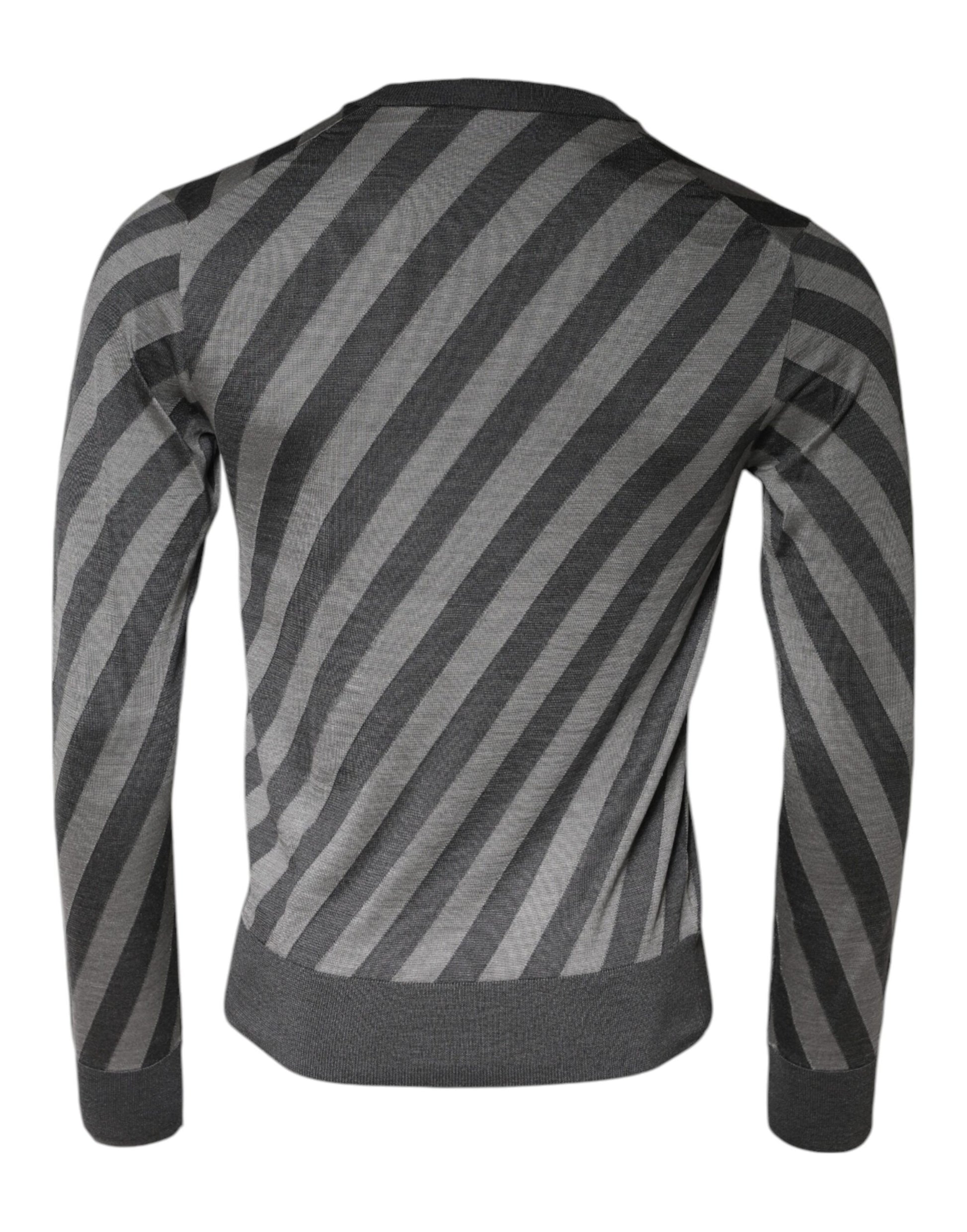Dolce & Gabbana Gray Stripes Long Sleeve Round Neck Pullover Sweater Dolce & Gabbana