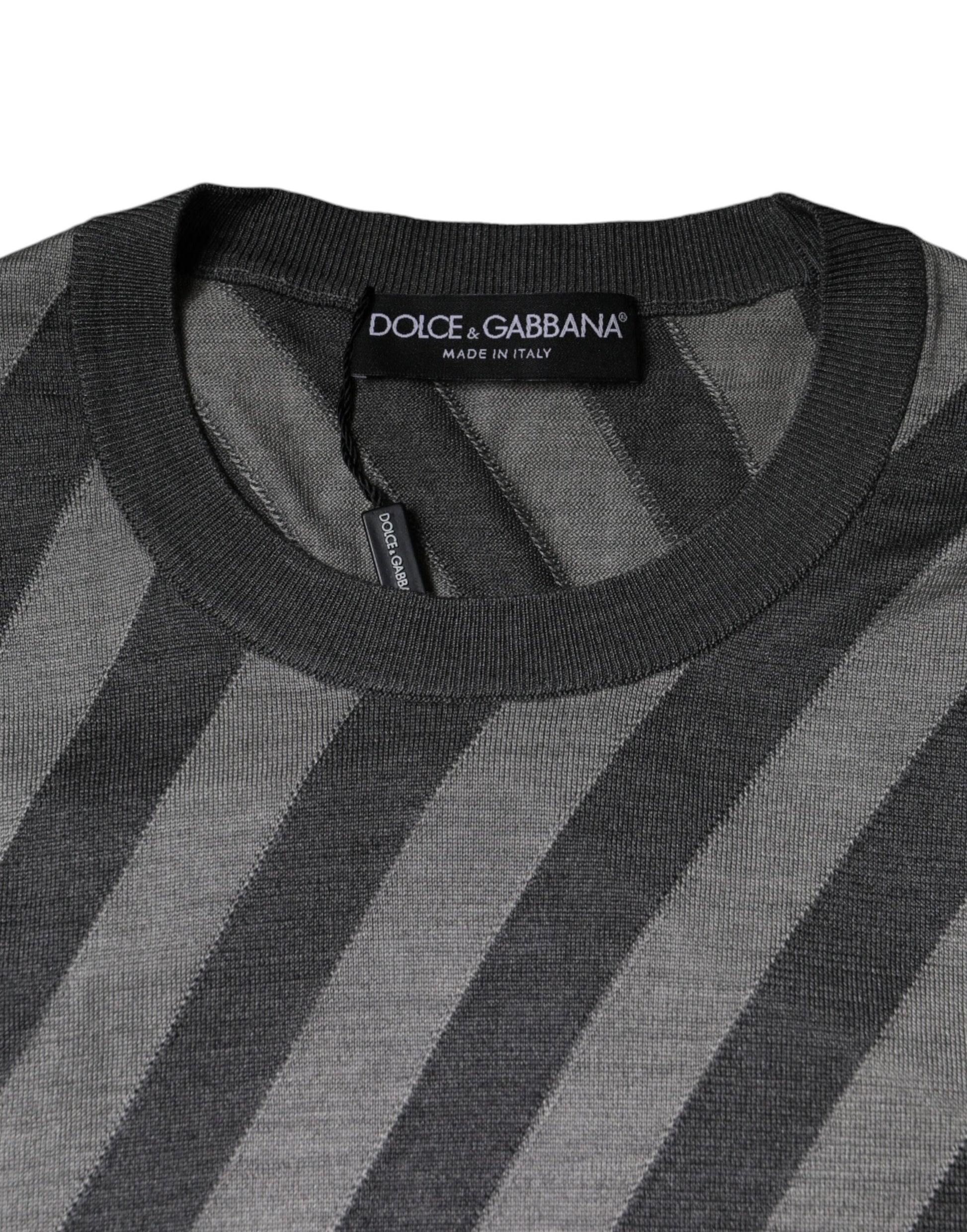 Dolce & Gabbana Gray Stripes Long Sleeve Round Neck Pullover Sweater Dolce & Gabbana