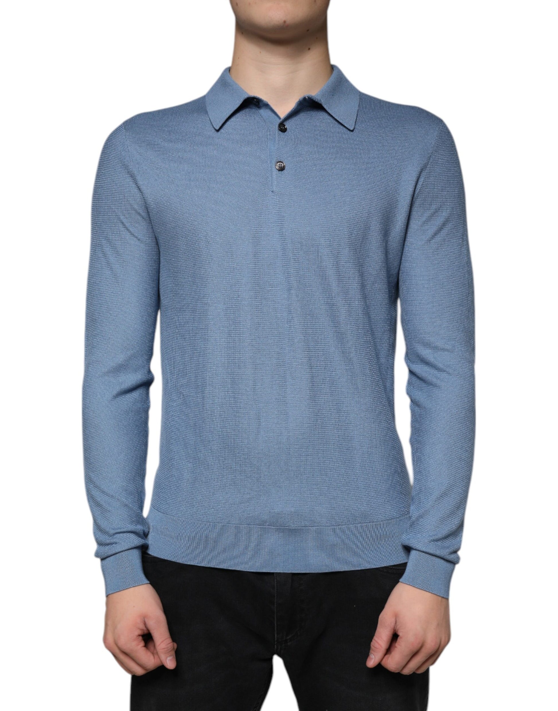 Dolce & Gabbana Sky Blue Silk Collared Men Pullover Sweater Dolce & Gabbana