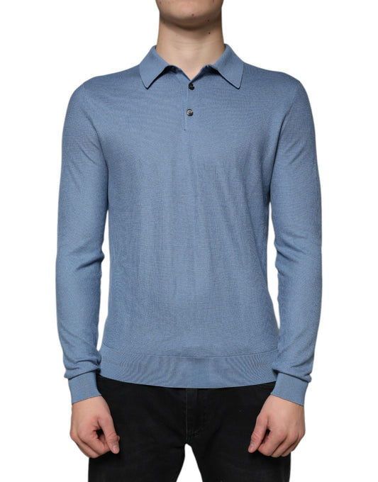 Dolce & Gabbana Sky Blue Silk Collared Men Pullover Sweater Dolce & Gabbana