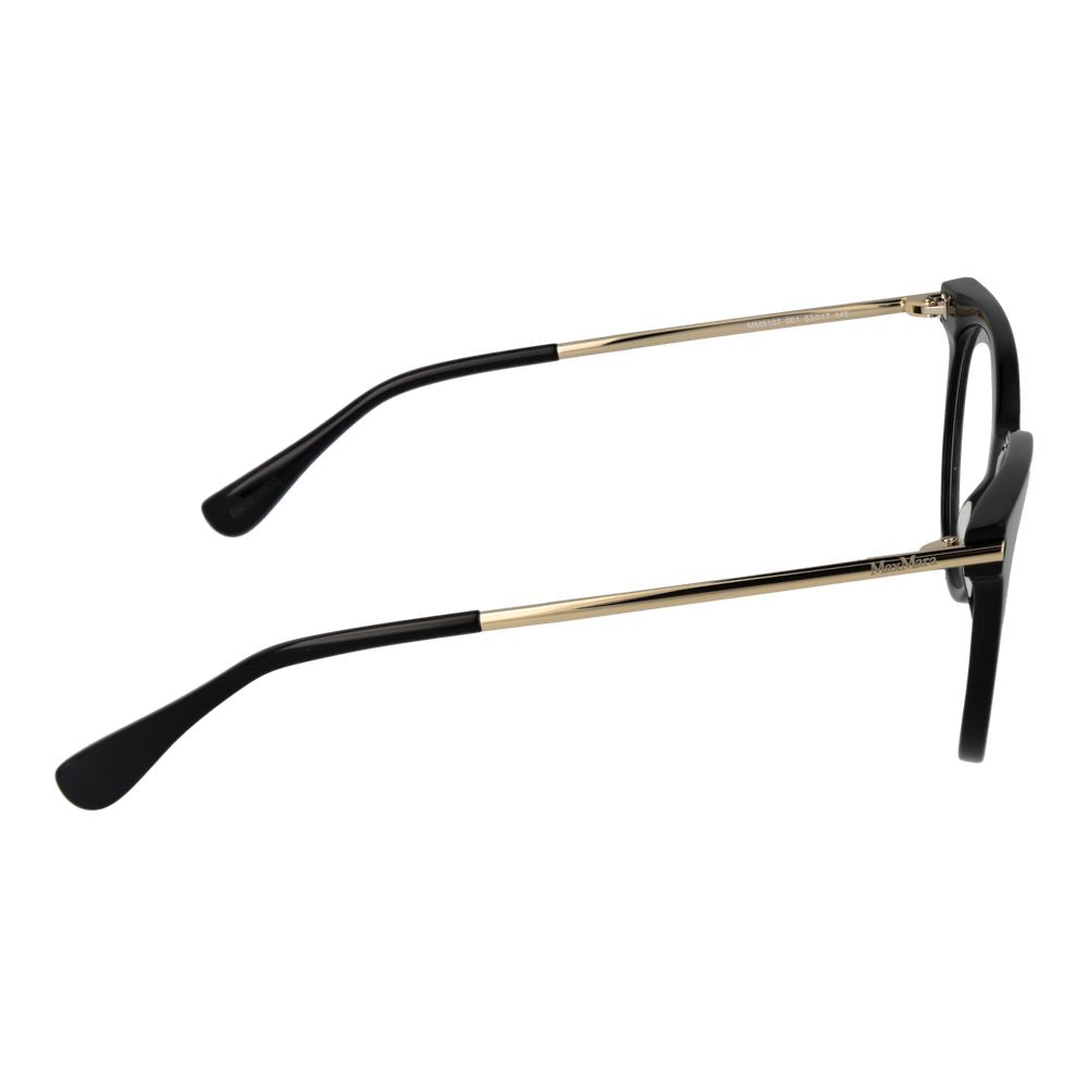 Max Mara black acetate glasses frames with sleek, modern design and clear lenses, displayed on a plain background.