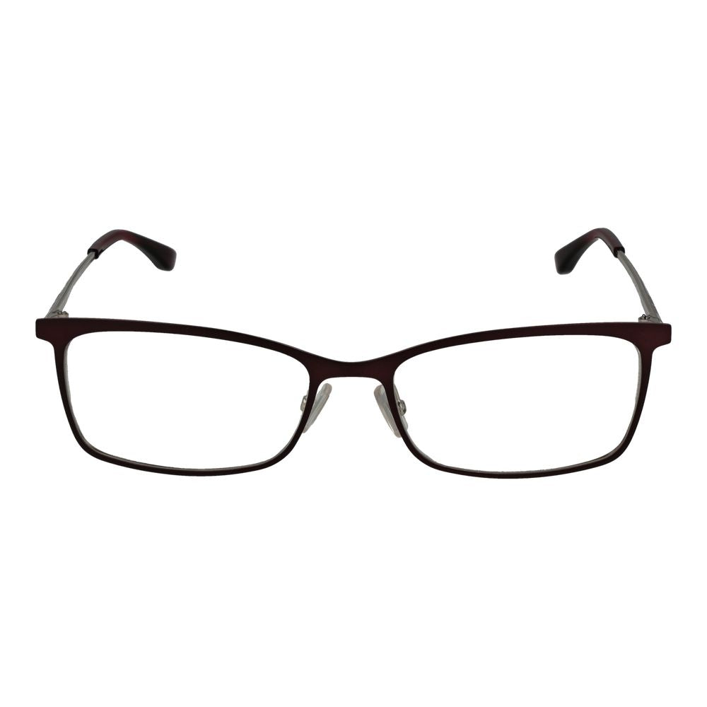 Hugo Boss burgundy stainless steel glasses frames with sleek design and clear lenses, stylish eyewear accessory.