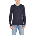 Calvin Klein blue recycled wool sweatshirt with a crew neckline and long sleeves, laid flat on a white background.