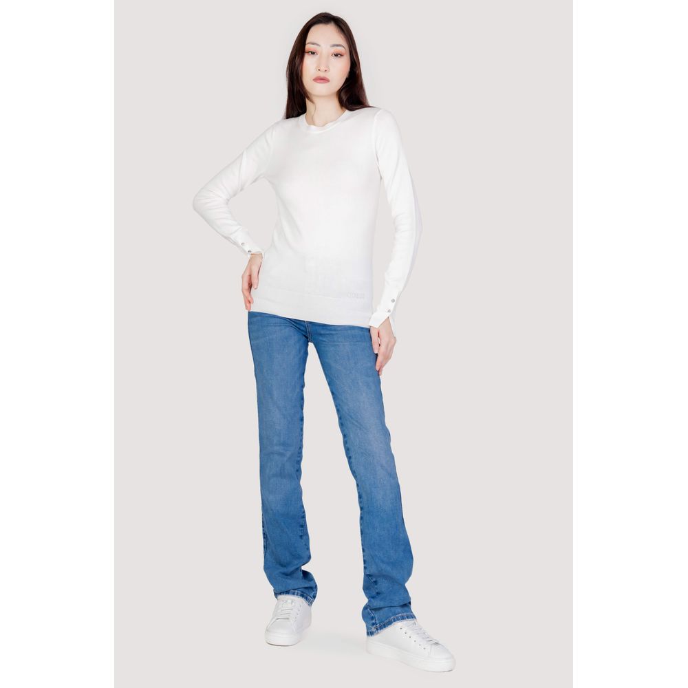 White cotton sweatshirt by Guess with a relaxed fit and crew neckline, featuring subtle brand logo details.
