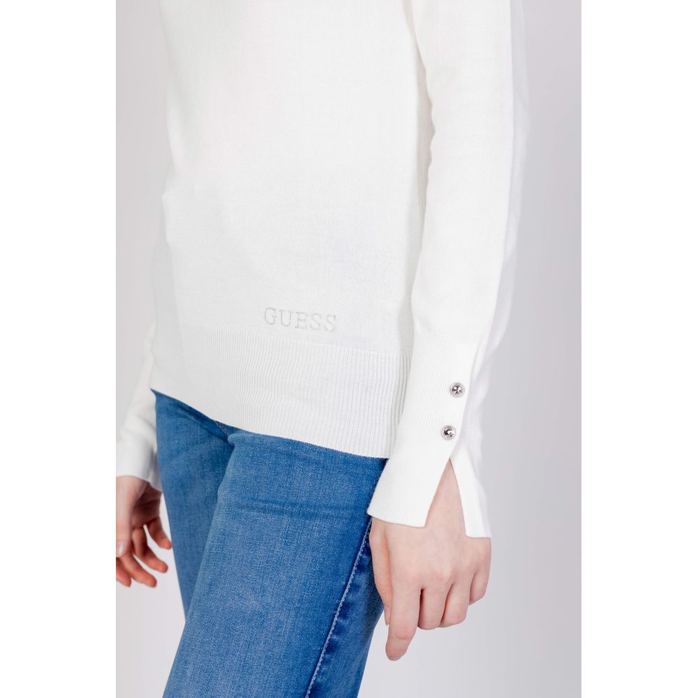 White cotton sweatshirt by Guess with crew neckline and long sleeves, displayed flat on a white background.