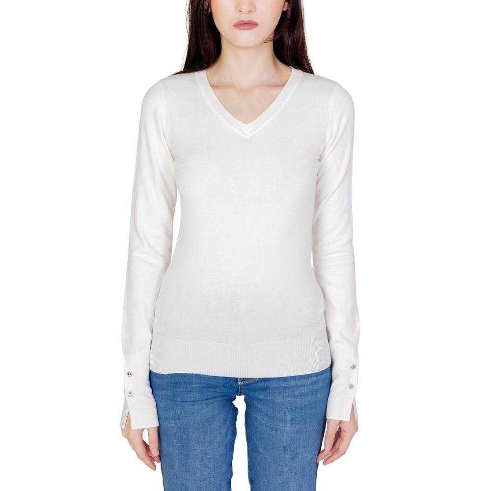 White cotton sweatshirt by Guess featuring a classic crewneck and long sleeves, displayed on a neutral background.