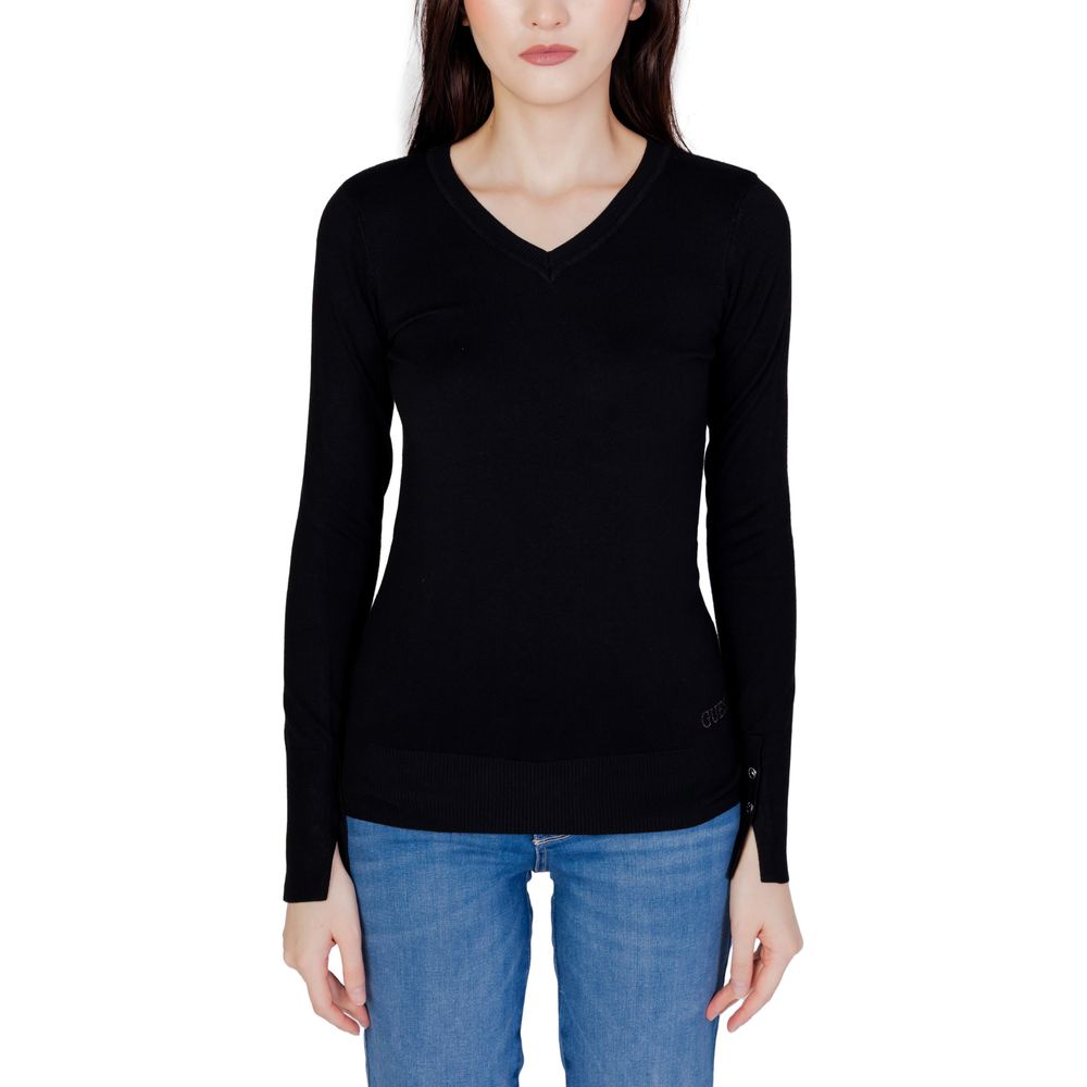 Black Guess cotton sweatshirt with crew neck and long sleeves, casual style, shown on a hanger.