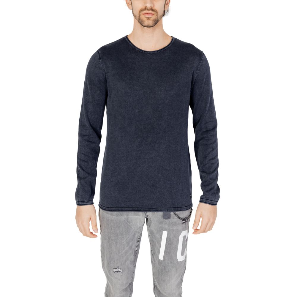 Blue cotton sweatshirt by Jack Jones, casual men's pullover with a round neckline and long sleeves.