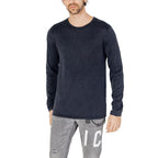 Blue cotton sweatshirt by Jack Jones, casual fit with ribbed cuffs and neckline, displayed on a hanger.